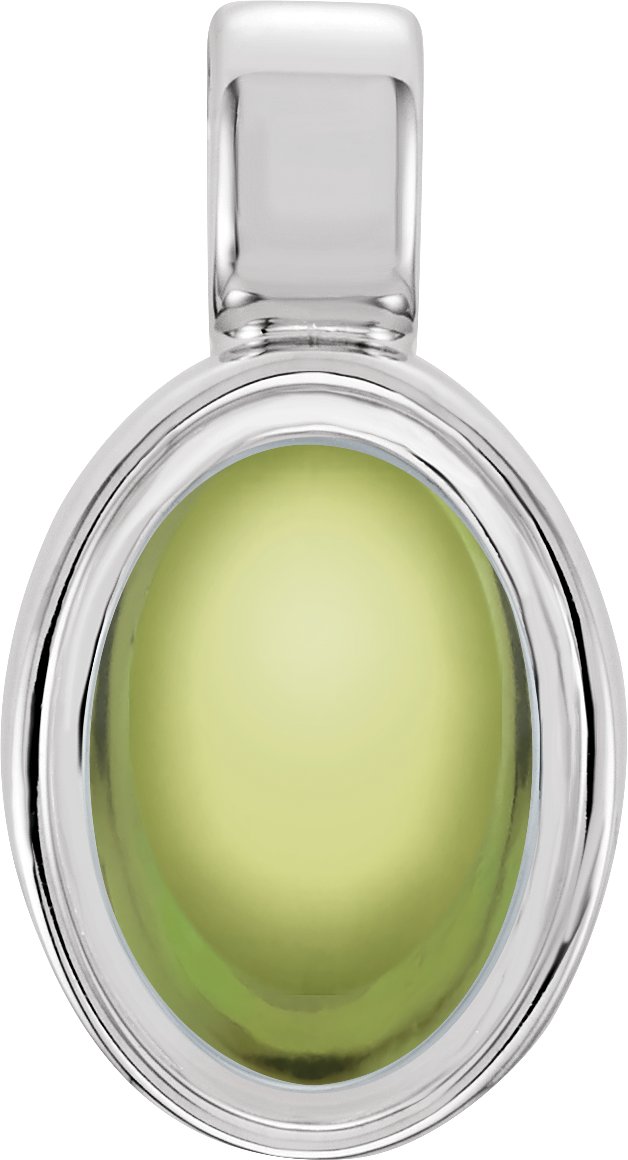 14K Gold Natural Peridot Oval Bezel-Set Cabochon Pendant - White Gold