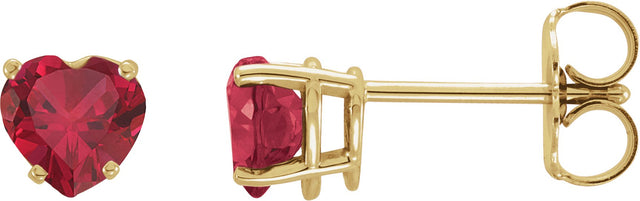 14K Gold Lab-Grown Ruby Heart 4-Prong Stud Earrings - Yellow Gold