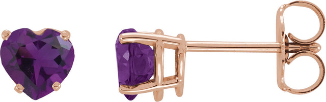 14K Gold Natural Amethyst Heart 4-Prong Stud Earrings - Rose Gold