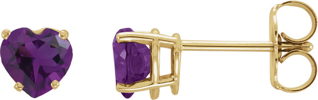 14K Gold Natural Amethyst Heart 4-Prong Stud Earrings - Yellow Gold