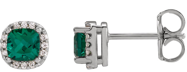 Platinum Lab-Grown Emerald & Natural Diamond Cushion Halo-Style Stud Earrings
