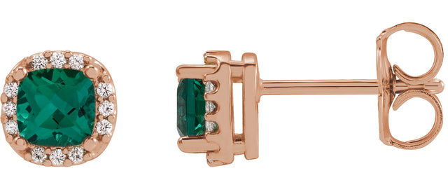 14K Gold Lab-Grown Emerald & Natural Diamond Cushion Halo-Style Stud Earrings - Rose Gold