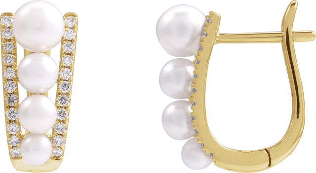 14K Gold Pearl Cultured White Freshwater Pearl & Natural Diamond Accented Hoop Earrings – 5mm Stones - Yellow Gold