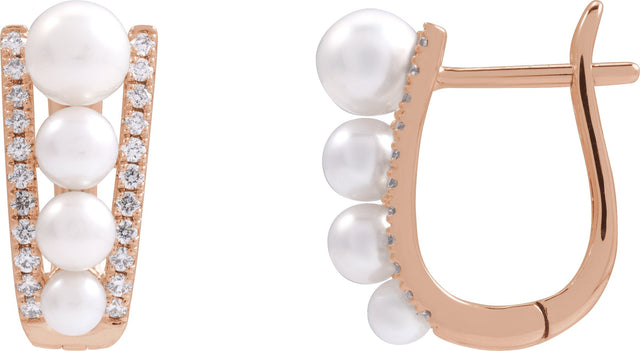 14K Gold Pearl Cultured White Freshwater Pearl & Natural Diamond Accented Hoop Earrings – 5mm Stones - Rose Gold
