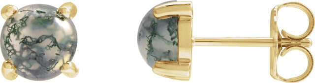 14K Gold Natural Moss Agate Round 4-Prong Cabochon Earrings - Yellow Gold