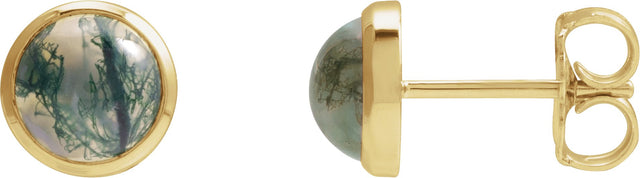 14K Gold Natural Moss Agate Round Bezel-Set Cabochon Earrings - Yellow Gold