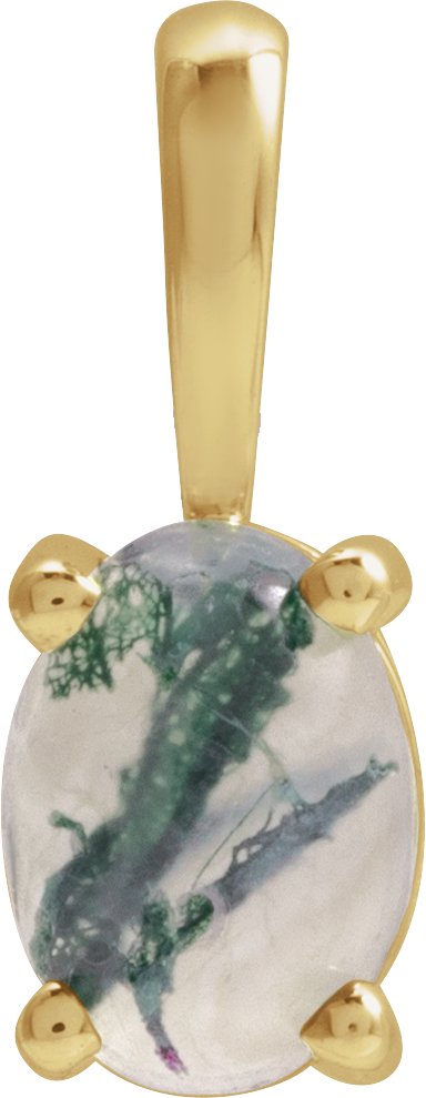 14K Gold Natural Moss Agate Oval 4-Prong Cabochon Pendant - Yellow Gold