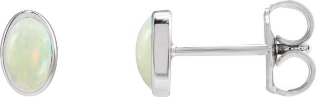 14K Gold Lab-Grown White Opal Oval Bezel-Set Cabochon Earrings - White Gold