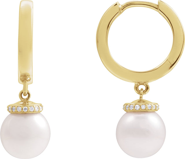 14K Gold Cultured White Akoya Pearl & Natural Diamond Accented Pearl Hoop Earrings – 0.07 CTW - Yellow Gold
