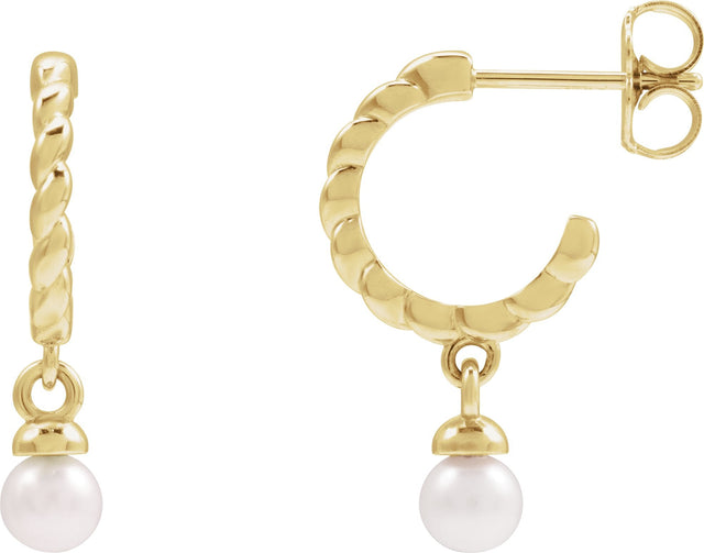 14K Gold Cultured White Freshwater Pearl Pearl Hoop Earrings – 4mm Stones - Yellow Gold