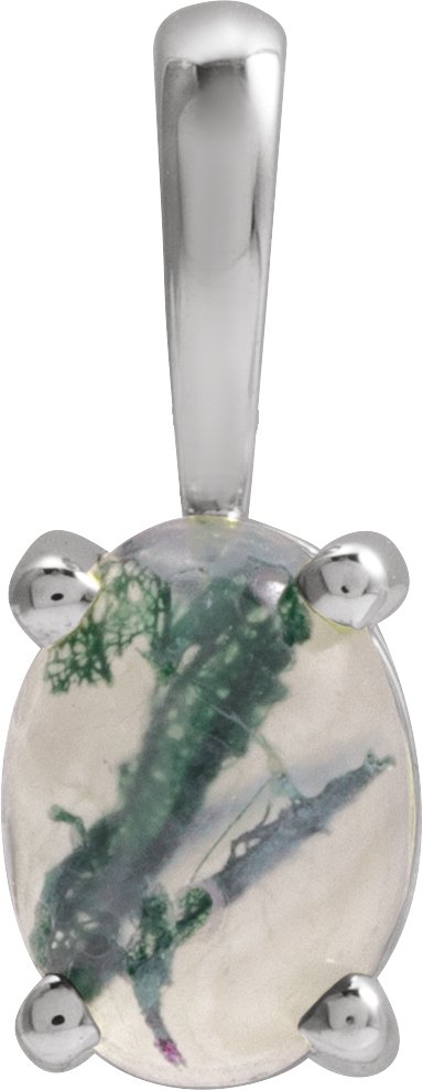 14K Gold Natural Moss Agate Oval 4-Prong Cabochon Pendant - White Gold