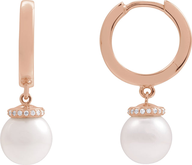 14K Gold Cultured White Akoya Pearl & Natural Diamond Accented Pearl Hoop Earrings – 0.07 CTW - Rose Gold