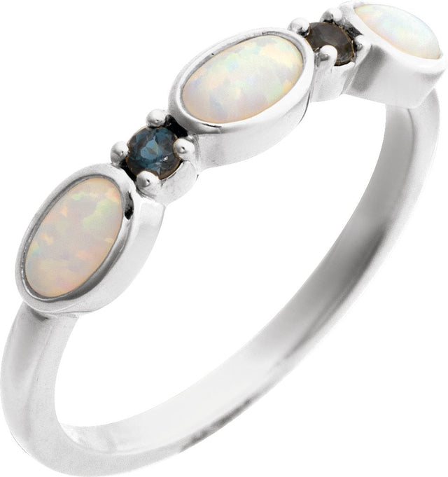 14K Gold Oval Lab-Grown White Opal & Natural London Blue Topaz Accented Ring - White Gold