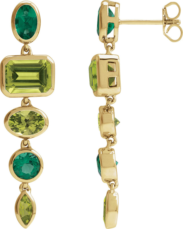 14K Gold Emerald Natural Peridot & Lab-Grown Emerald Multi-Stone Dangle Earrings - Yellow Gold