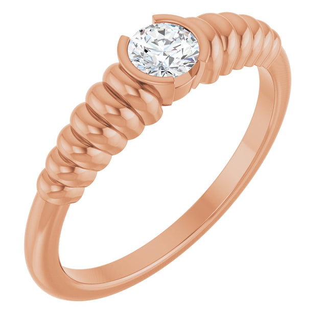14K Gold Round Natural White Sapphire Half-Bezel Solitaire Ring - Rose Gold