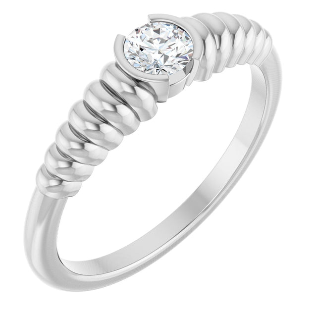 14K Gold Round Natural White Sapphire Half-Bezel Solitaire Ring - White Gold