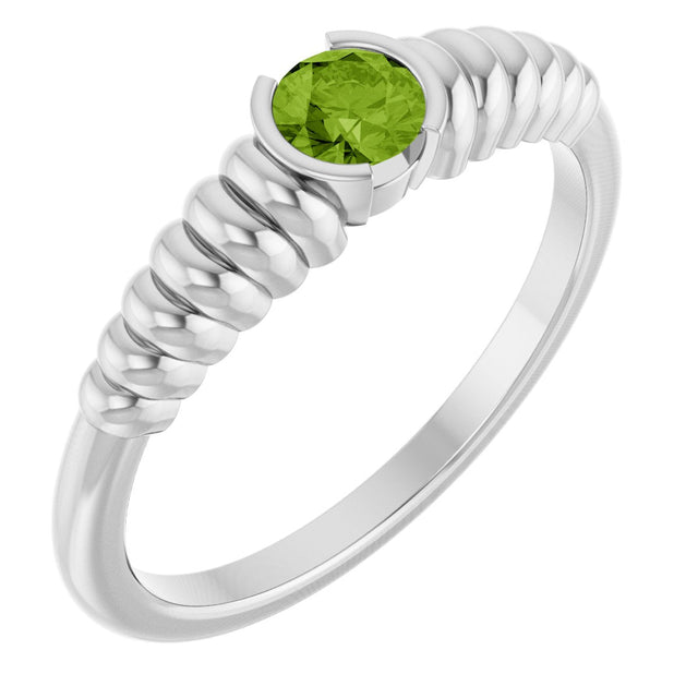 14K Gold Round Natural Peridot Half-Bezel Solitaire Ring - White Gold