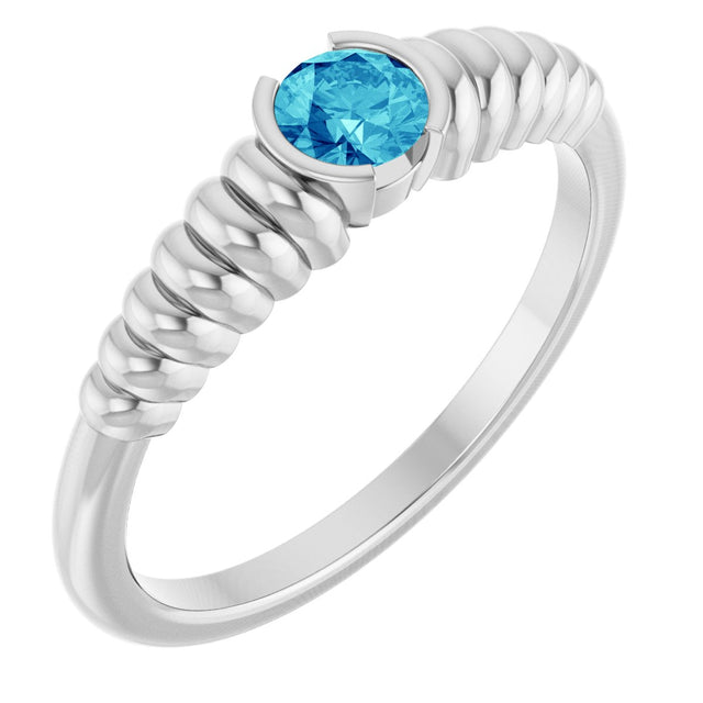 14K Gold Round Natural Blue Zircon Half-Bezel Solitaire Ring - White Gold