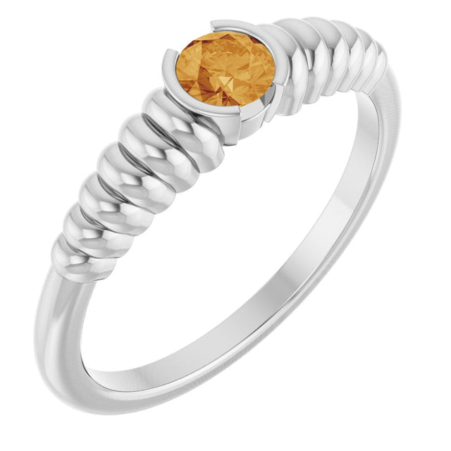 14K Gold Round Natural Citrine Half-Bezel Solitaire Ring - White Gold