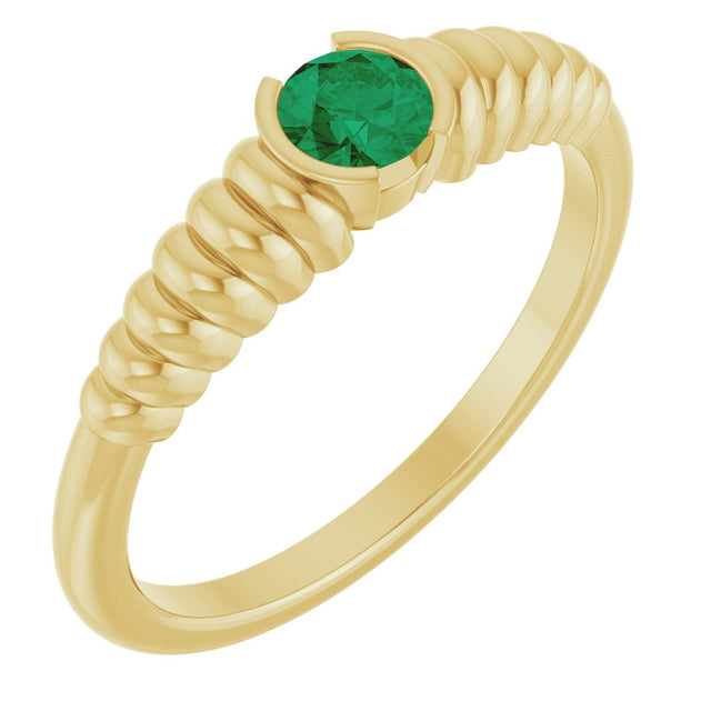 14K Gold Round Natural Emerald Half-Bezel Solitaire Ring - Yellow Gold