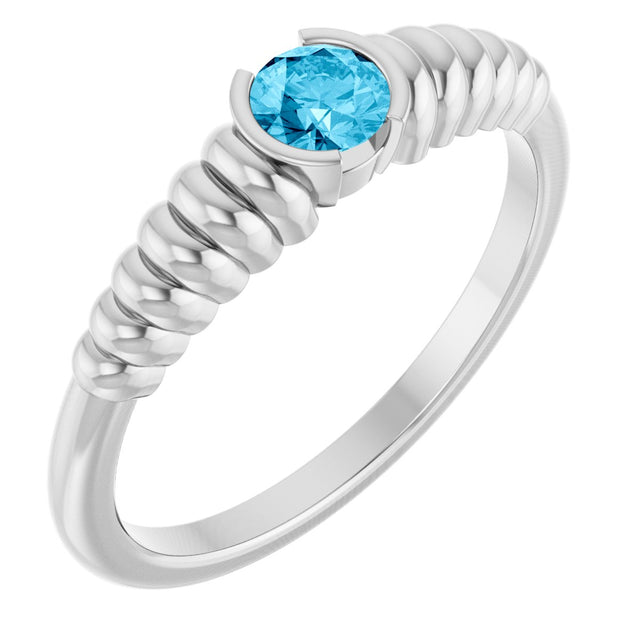 14K Gold Round Natural Aquamarine Half-Bezel Solitaire Ring - White Gold