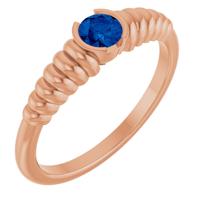 14K Gold Round Natural Blue Sapphire Half-Bezel Solitaire Ring - Rose Gold