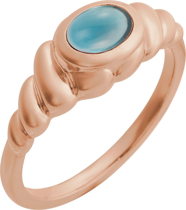 14K Gold Oval Natural London Blue Topaz Bezel-Set Puffed Cabochon Ring - Rose Gold