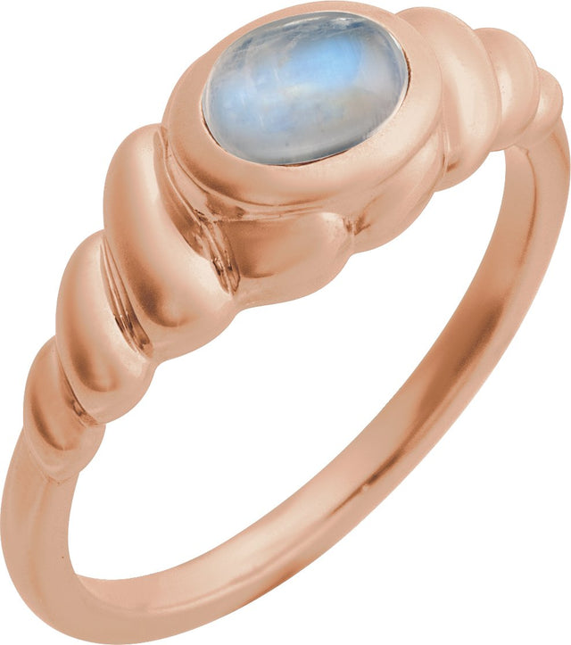 14K Gold Oval Natural Rainbow Moonstone Bezel-Set Puffed Cabochon Ring - Rose Gold