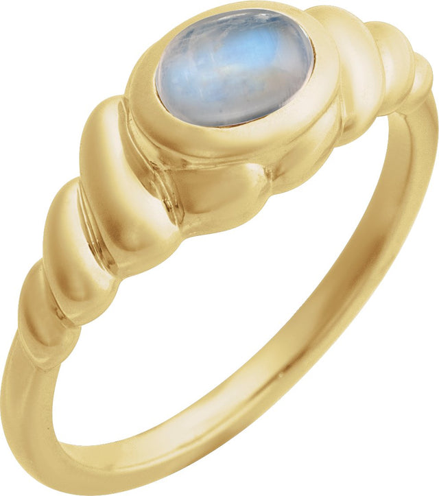 14K Gold Oval Natural Rainbow Moonstone Bezel-Set Puffed Cabochon Ring - Yellow Gold