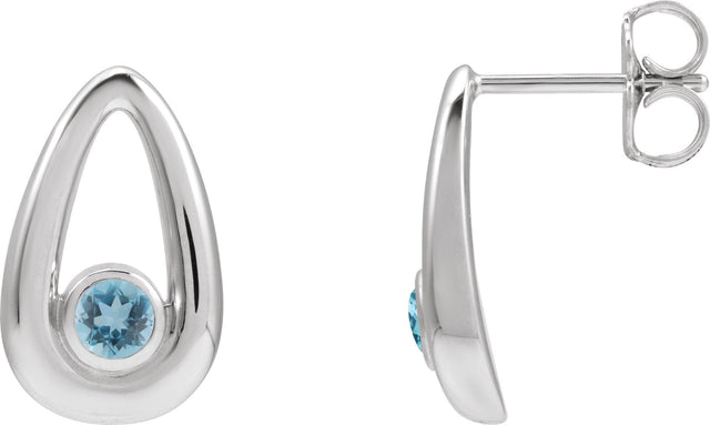 14K Gold Round Natural Aquamarine Geometric Earrings - White Gold