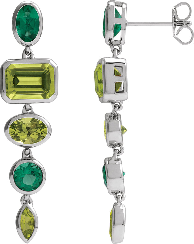 14K Gold Emerald Natural Peridot & Lab-Grown Emerald Multi-Stone Dangle Earrings - White Gold