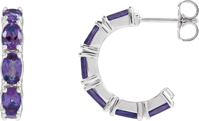 14K Gold Oval Natural Amethyst Accented Hoop Earrings - White Gold