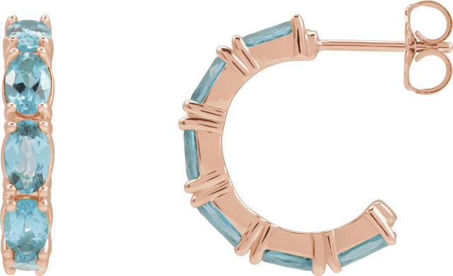 14K Gold Oval Natural Aquamarine Accented Hoop Earrings - Rose Gold