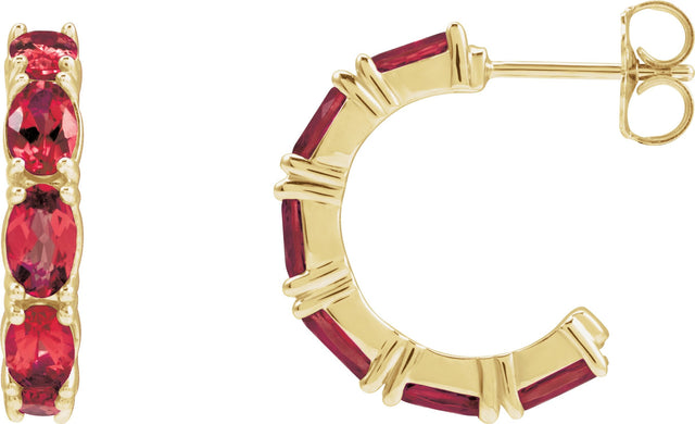 14K Gold Oval Lab-Grown Ruby Accented Hoop Earrings - Yellow Gold