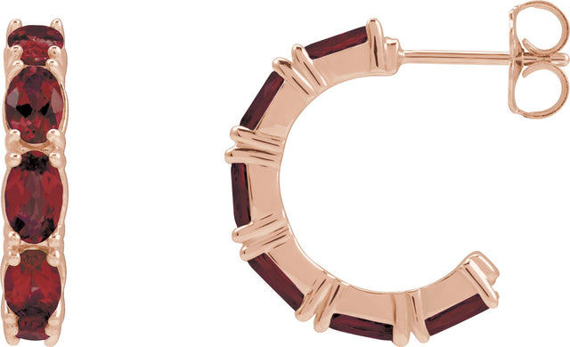 14K Gold Oval Natural Mozambique Garnet Accented Hoop Earrings - Rose Gold