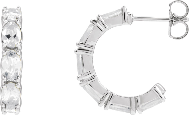 14K Gold Oval Natural White Sapphire Accented Hoop Earrings - White Gold