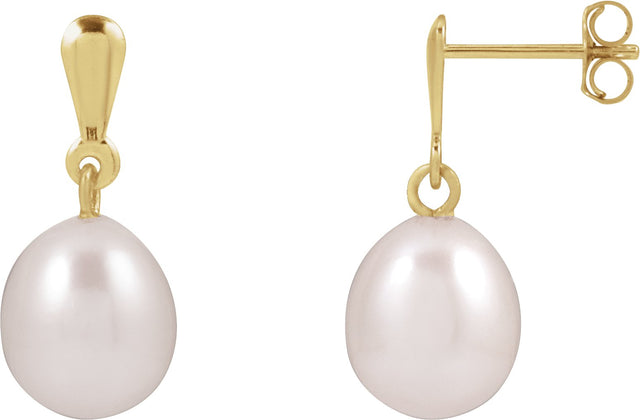 14K Gold Cultured White Freshwater Pearl Pearl Earrings - Yellow Gold