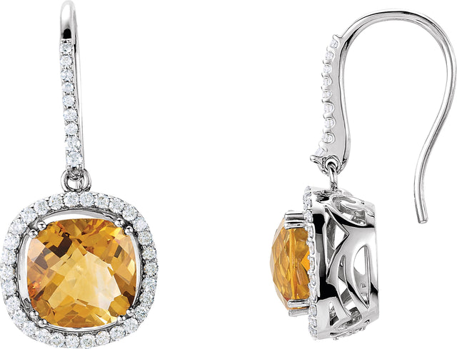 14K Gold Cushion Natural Citrine & Natural Diamond Halo-Style Earrings