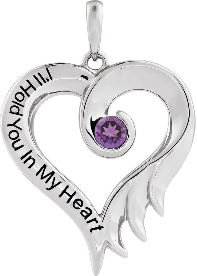 14K Gold Round Natural Amethyst I'll Hold You In My Heart Pendant - White Gold