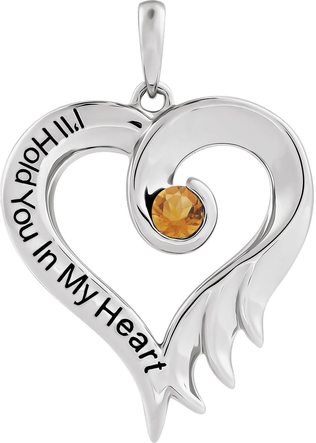 14K Gold Round Natural Citrine I'll Hold You In My Heart Pendant - White Gold