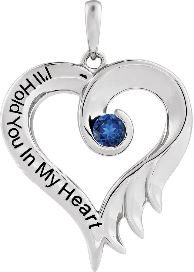 14K Gold Round Lab-Grown Blue Sapphire I'll Hold You In My Heart Pendant - White Gold