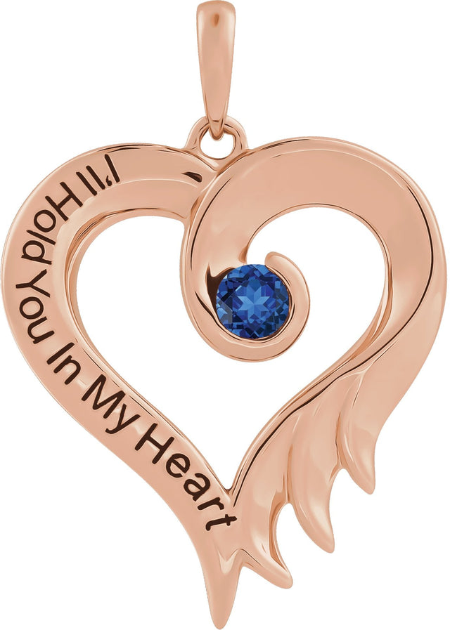 14K Gold Round Lab-Grown Blue Sapphire I'll Hold You In My Heart Pendant - Rose Gold