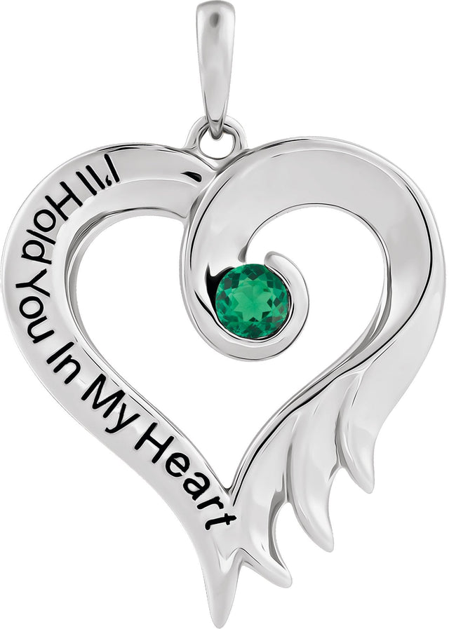 14K Gold Round Lab-Grown Emerald I'll Hold You In My Heart Pendant - White Gold