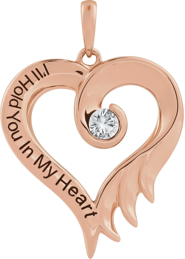 14K Gold Round Lab-Grown White Sapphire I'll Hold You In My Heart Pendant - Rose Gold