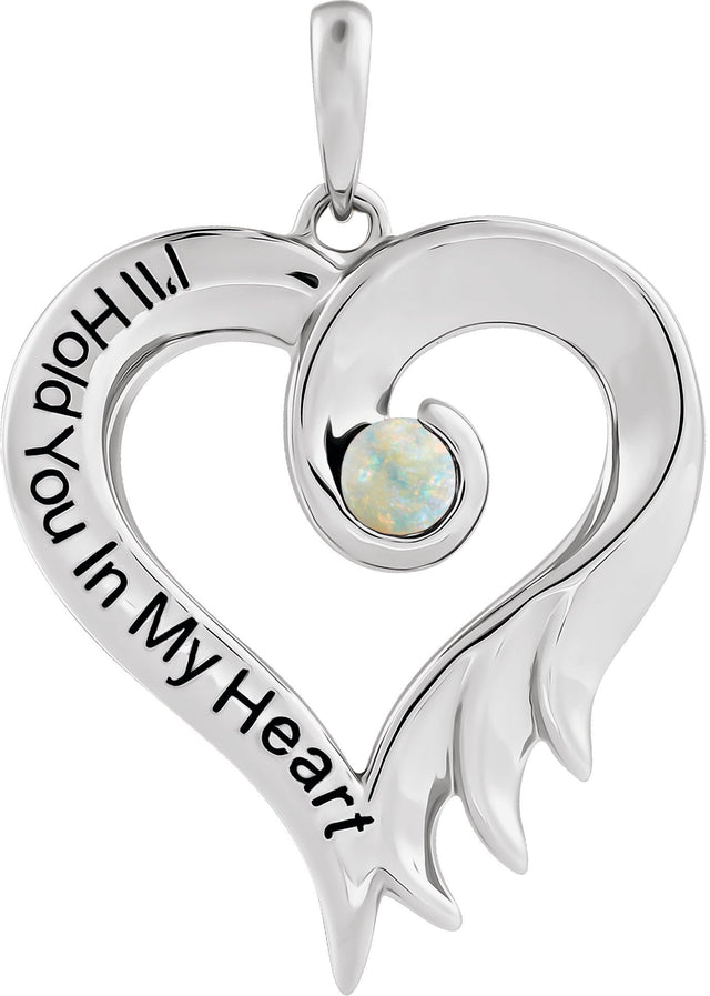 14K Gold Round Lab-Grown White Opal I'll Hold You In My Heart Pendant - White Gold