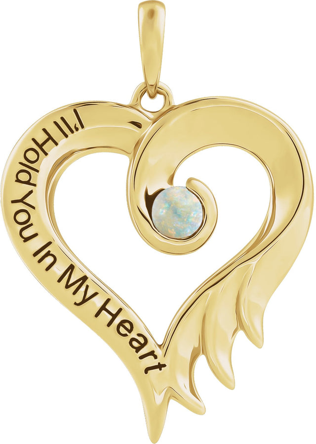 14K Gold Round Lab-Grown White Opal I'll Hold You In My Heart Pendant - Yellow Gold
