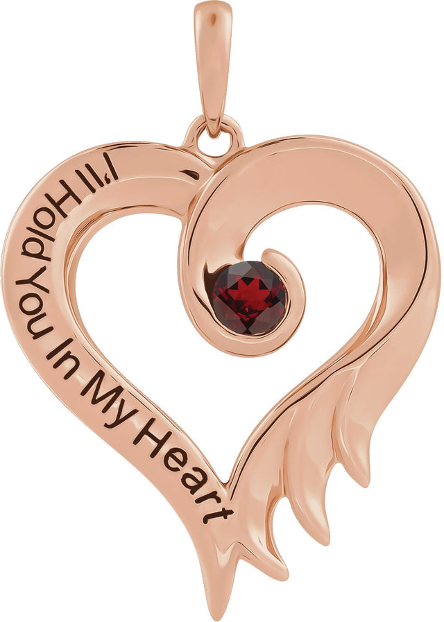 14K Gold Round Natural Mozambique Garnet I'll Hold You In My Heart Pendant - Rose Gold