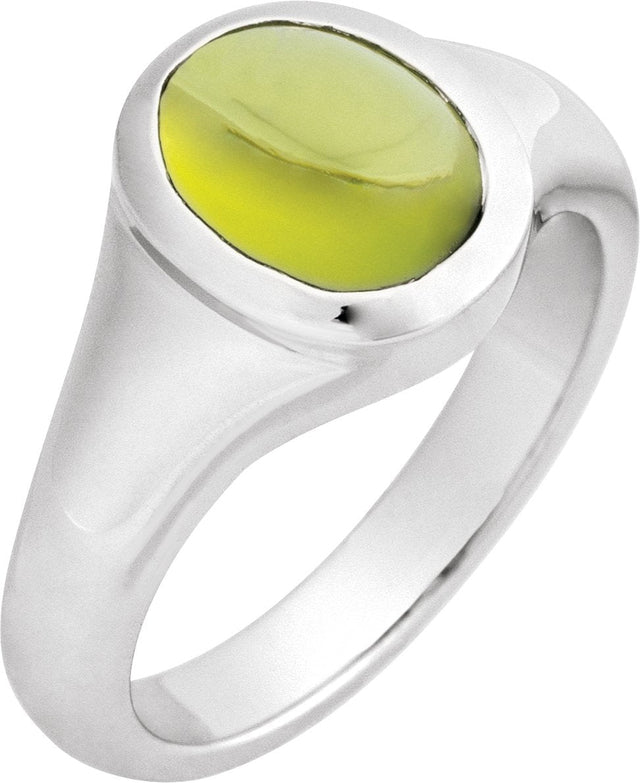 14K Gold Oval Natural Peridot Bezel-Set Cabochon Ring - White Gold