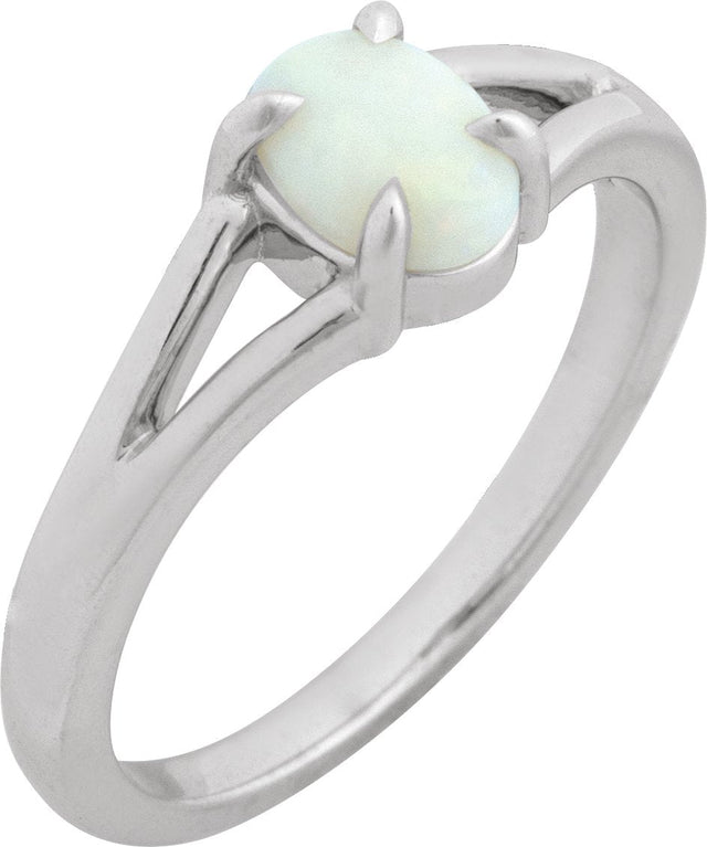 Platinum Round Natural White Opal Cabochon Ring – 8x6mm