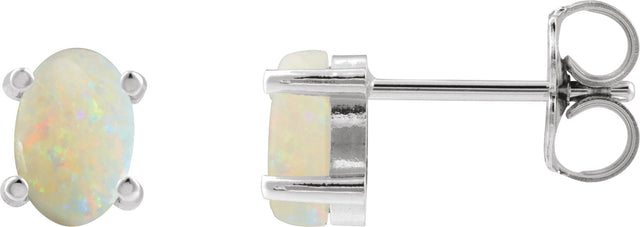 Platinum Natural White Opal Oval 4-Prong Cabochon Earrings